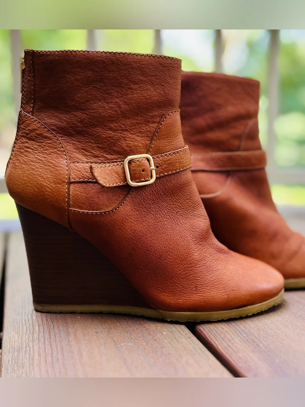 J. Crew Emmett Cognac Leather Wedge Ankle Boots in Women’s Size 8